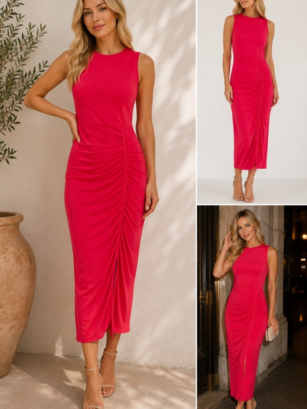 Sleeveless Ruched Midi Dress in Hot Pink Size 4